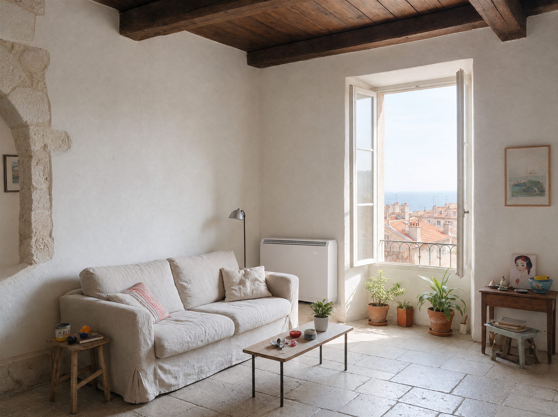 Illustration : climatiseur monobloc posé au sol au pied du mur d'un séjour, comme une console, sans unité extérieure