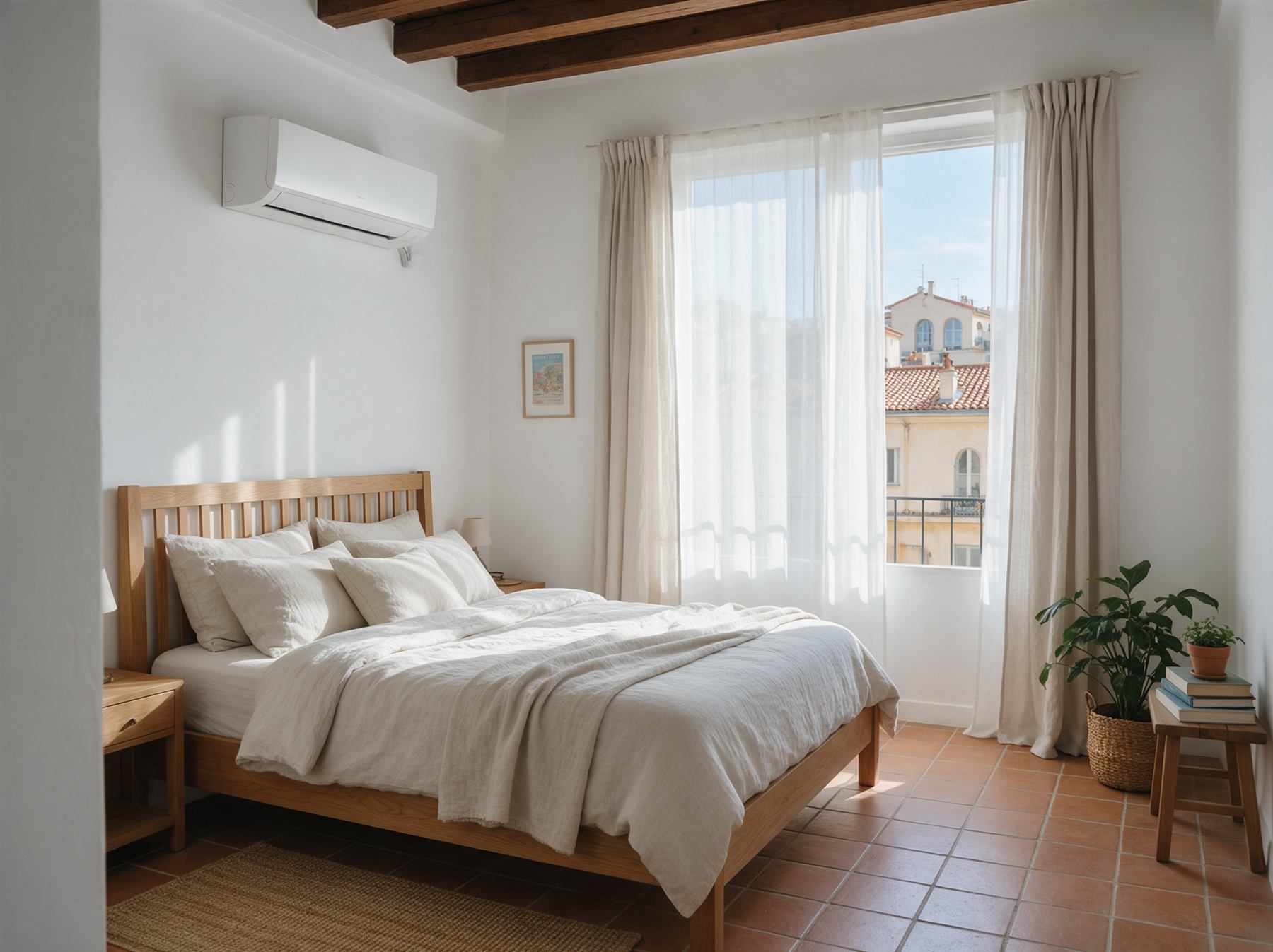 Illustration : chambre lumineuse avec un split mural posé en haut du mur, sous le plafond