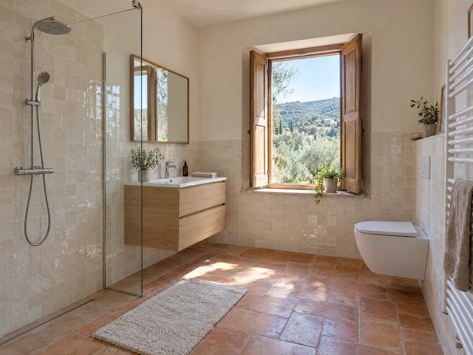 Illustration : salle d’eau rénovée : douche à l’italienne, meuble vasque et WC suspendus, plomberie encastrée