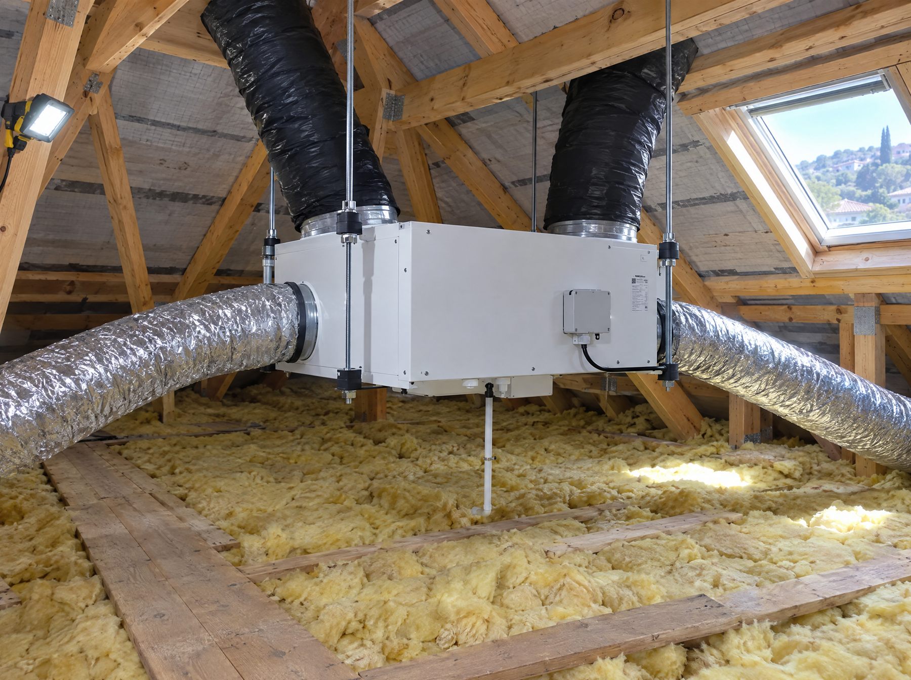 Illustration : centrale VMC double flux suspendue par des tiges filetées dans des combles isolés, sous la charpente