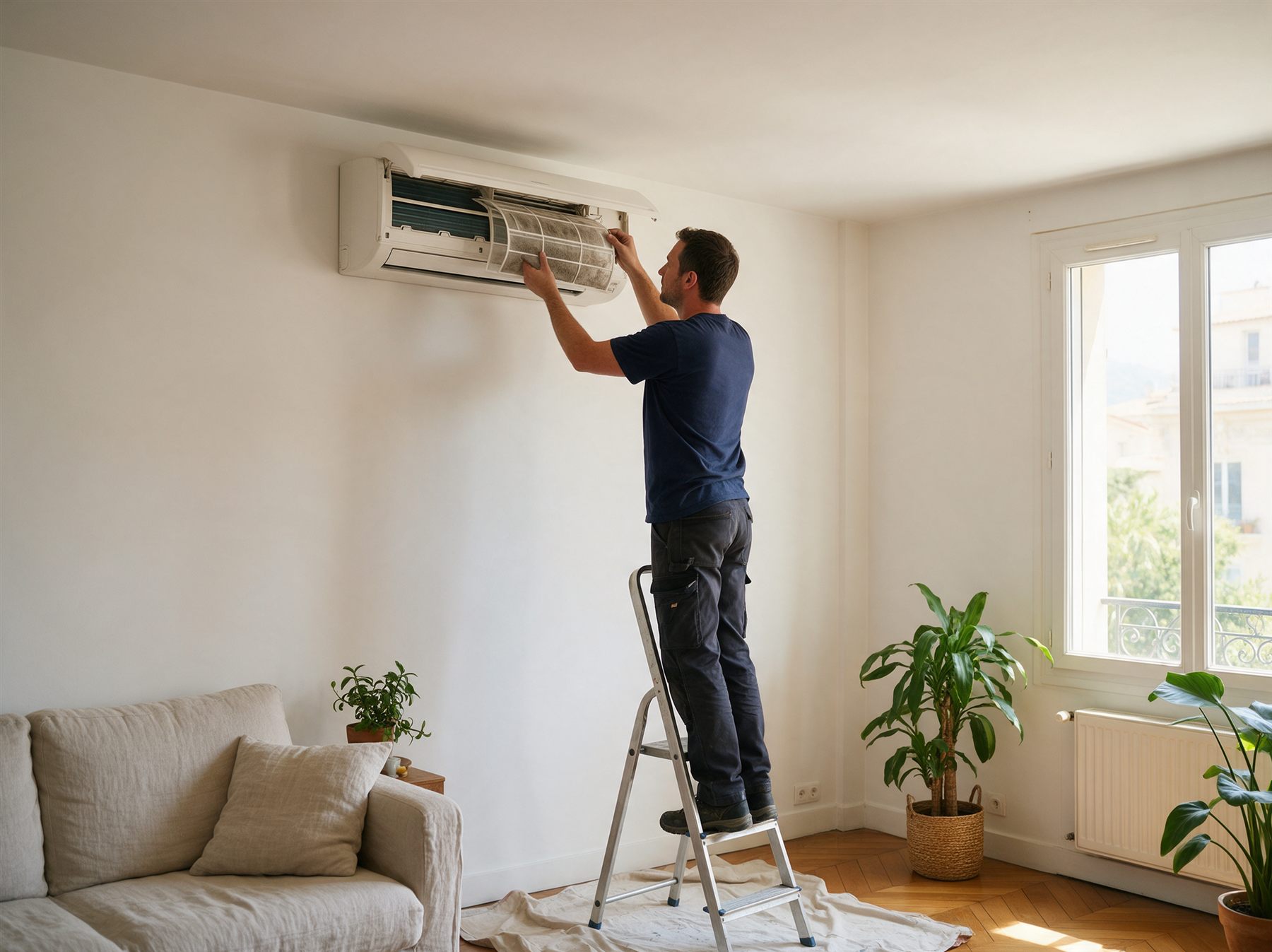 Illustration : technicien retirant le filtre d'un split mural posé sous le plafond