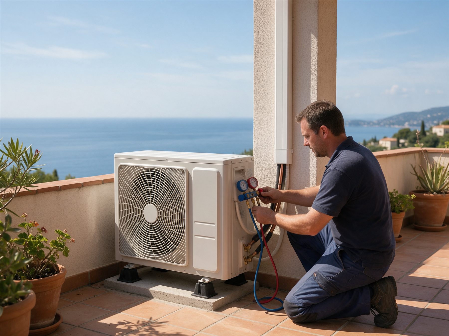 Illustration : technicien vérifiant les pressions d'un groupe extérieur sur une terrasse
