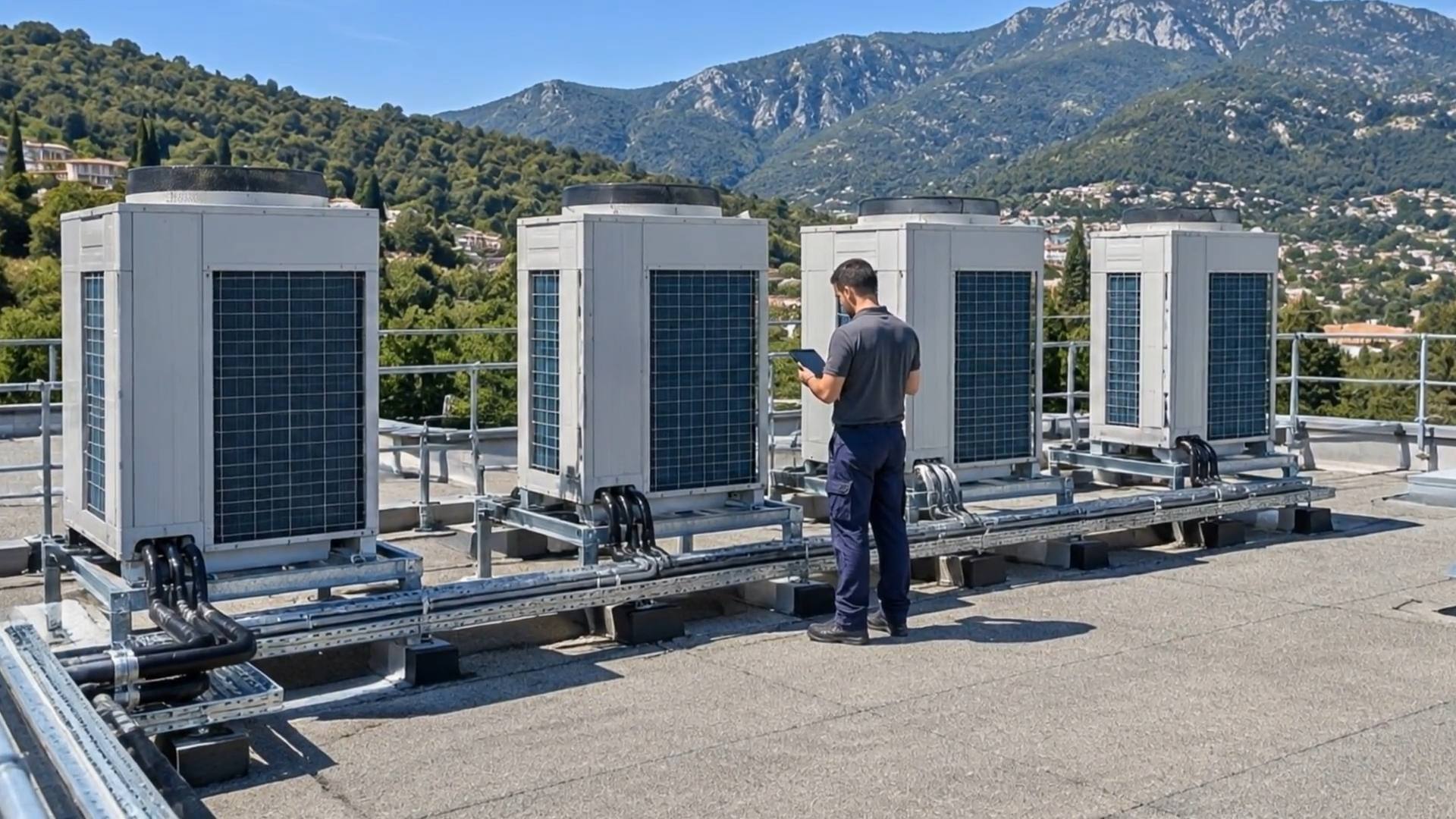 Illustration : technicien contrôlant la mise en service de groupes VRV posés sur une toiture-terrasse