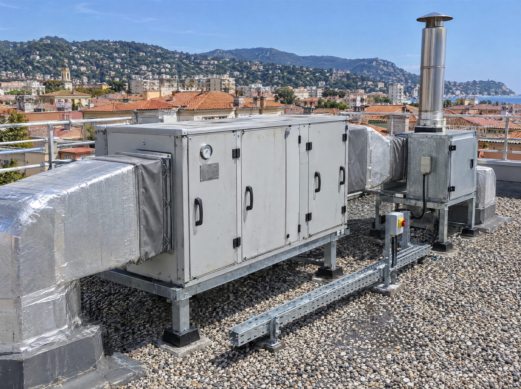Illustration : centrale de traitement d'air et caisson d'extraction de cuisine sur le toit-terrasse d'un immeuble