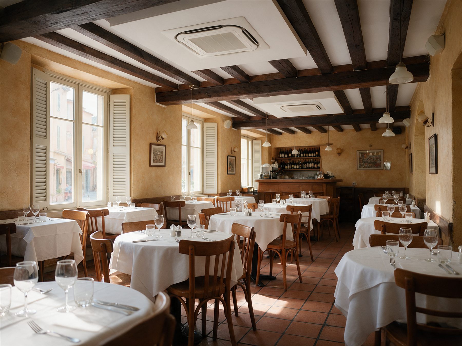Illustration : salle de bistro équipée de deux cassettes de climatisation