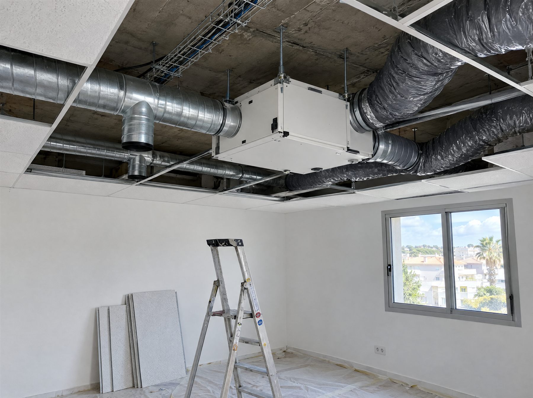 Illustration : centrale double flux suspendue dans le faux plafond d'un cabinet médical, en cours de pose