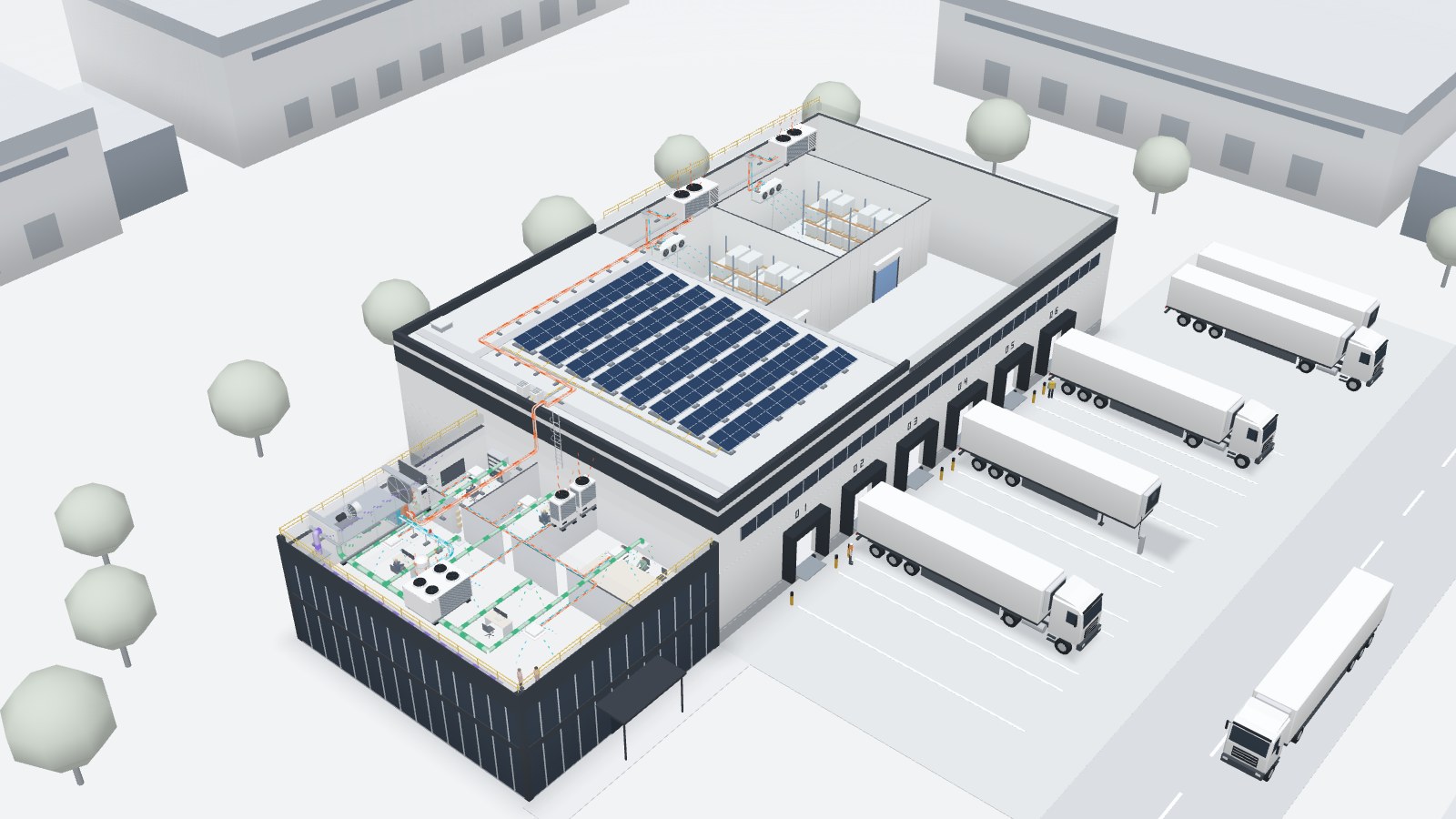 Illustration : schéma d’un site logistique avec bureaux : quais et camions, chambres froides et leurs groupes, panneaux solaires, bureaux équipés en VRV et en air neuf, centrale double flux et pompe à chaleur sur le toit, local maintenance