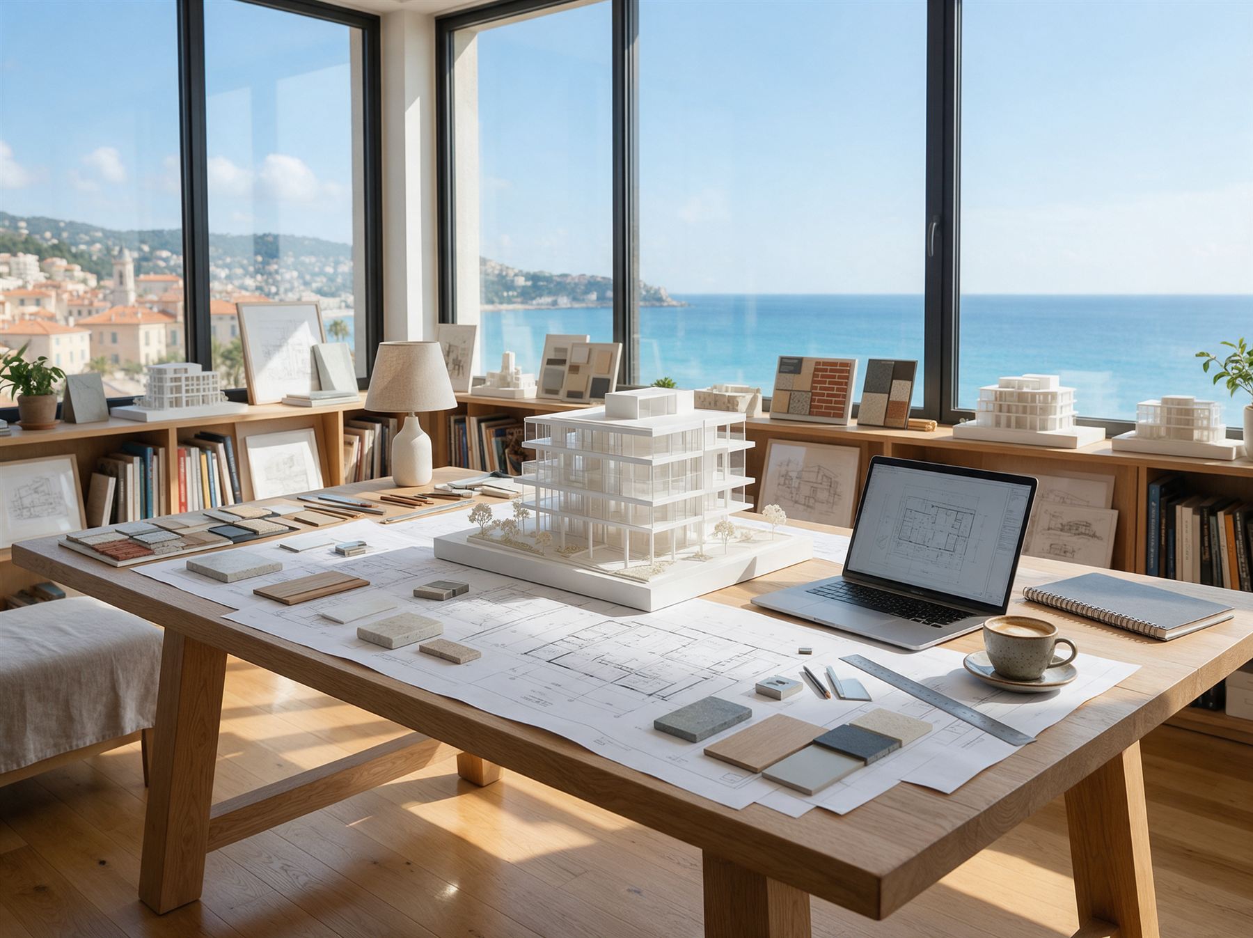 Illustration : agence d'architecture : maquette et plans sur la table, face à la mer