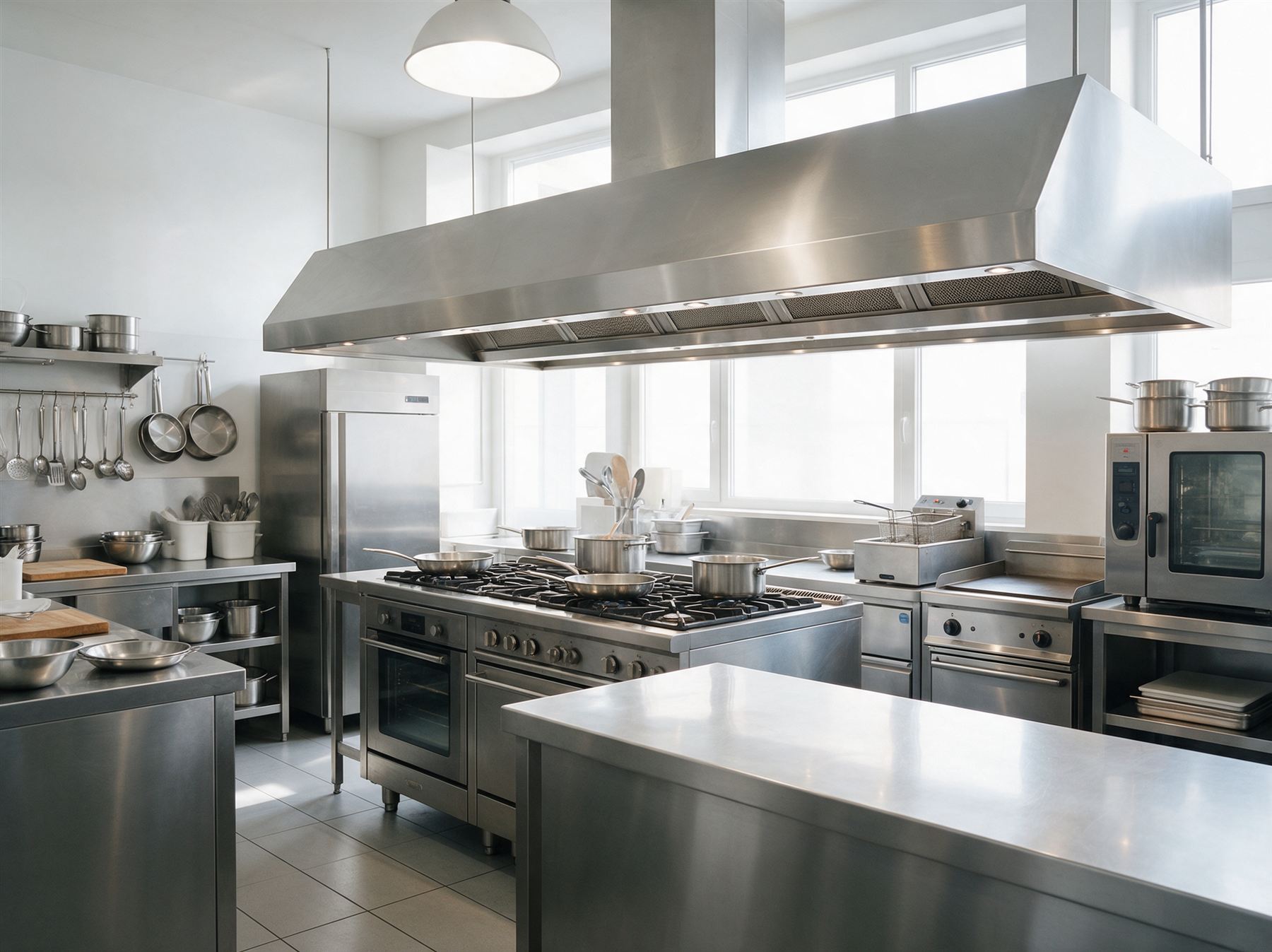 Illustration : cuisine professionnelle en inox sous une grande hotte d'extraction