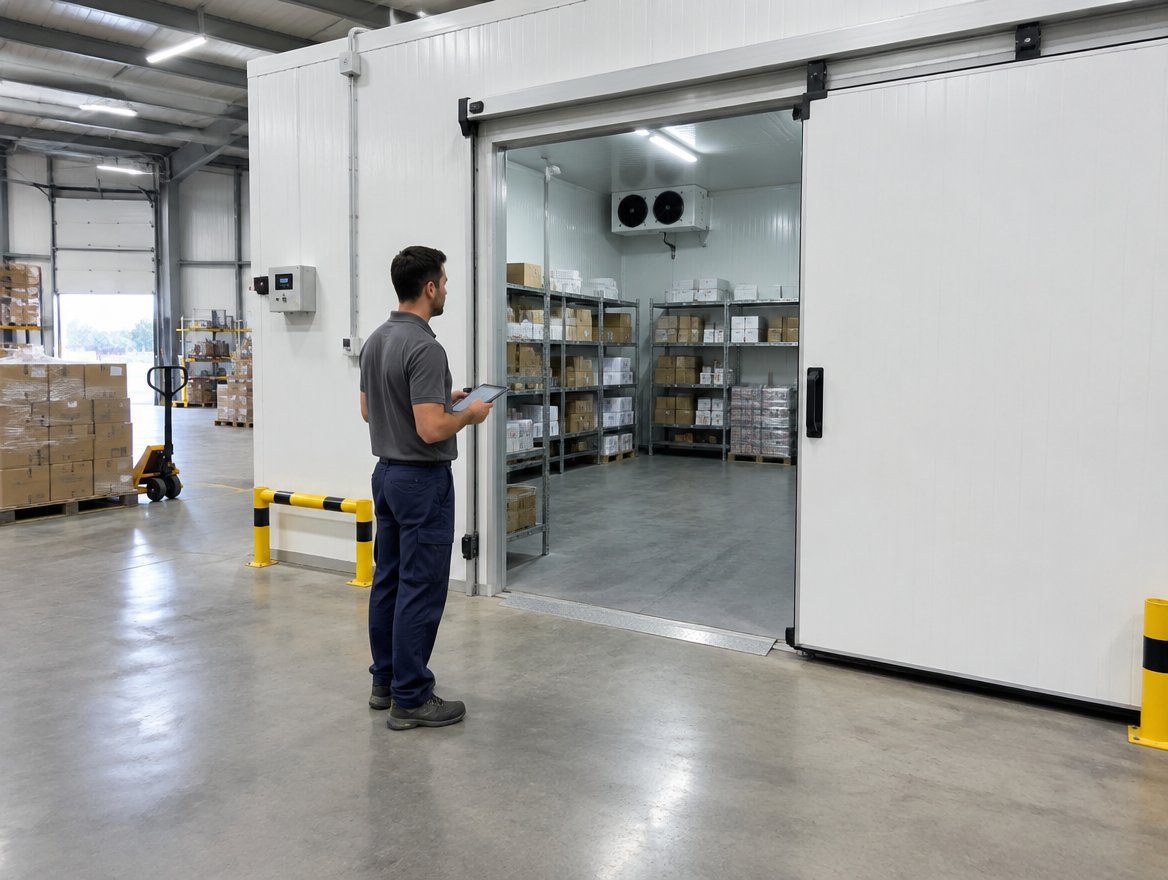 Illustration : chambre froide en panneaux isolants dans un entrepôt logistique, porte coulissante ouverte et technicien devant