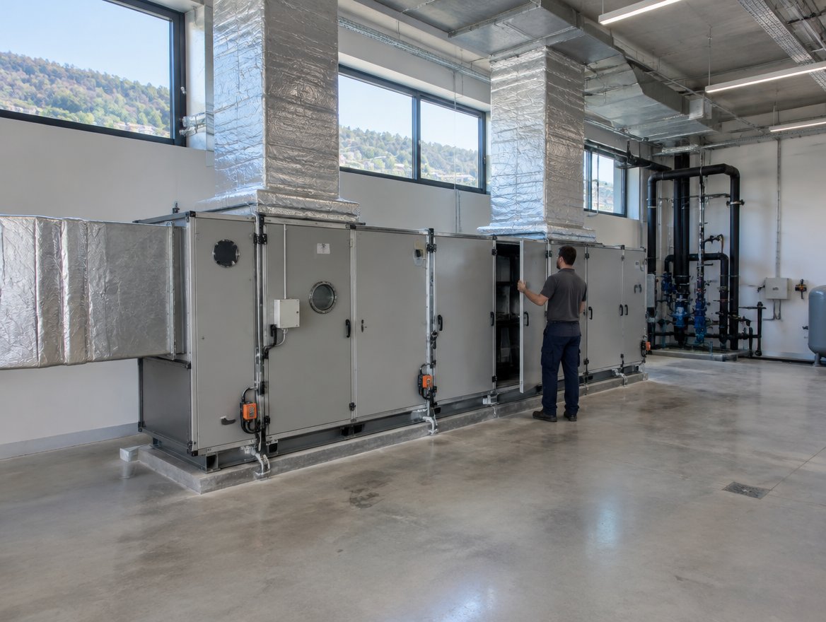 Illustration : centrale de traitement d'air dans le local technique d'un bâtiment de production, collines derrière les fenêtres