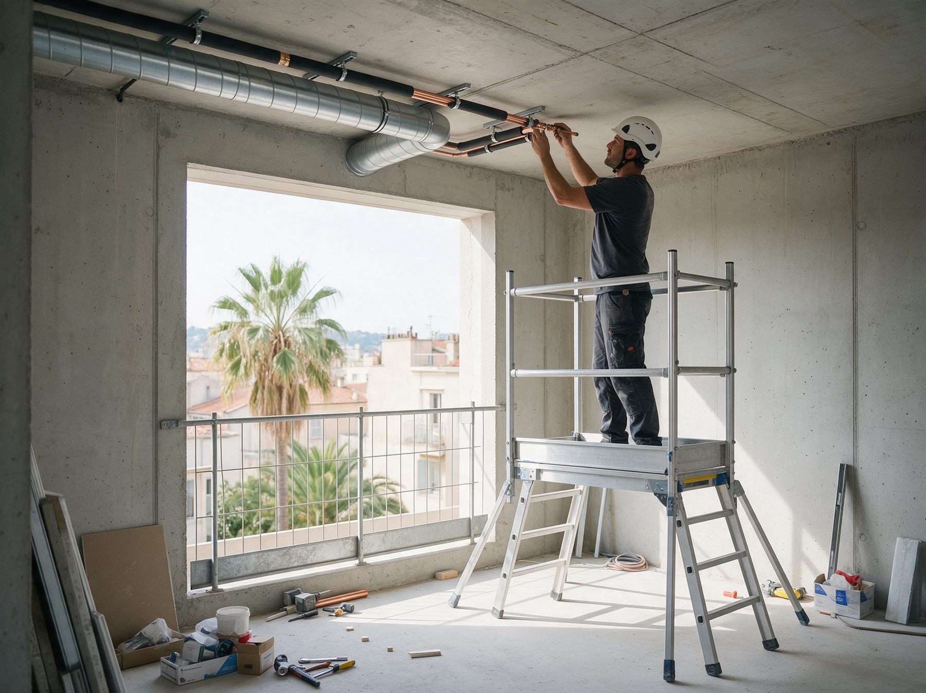 Illustration : installateur sur une plateforme de travail fixant des liaisons frigorifiques au plafond d'un logement neuf