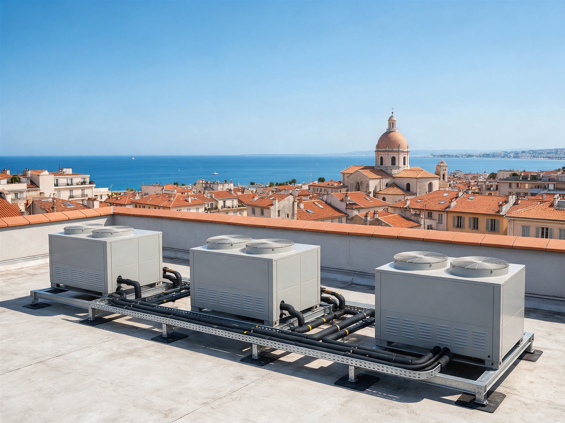 Illustration : groupes VRV installés sur un toit-terrasse, réseaux frigorifiques sur supports, la ville et la mer au fond